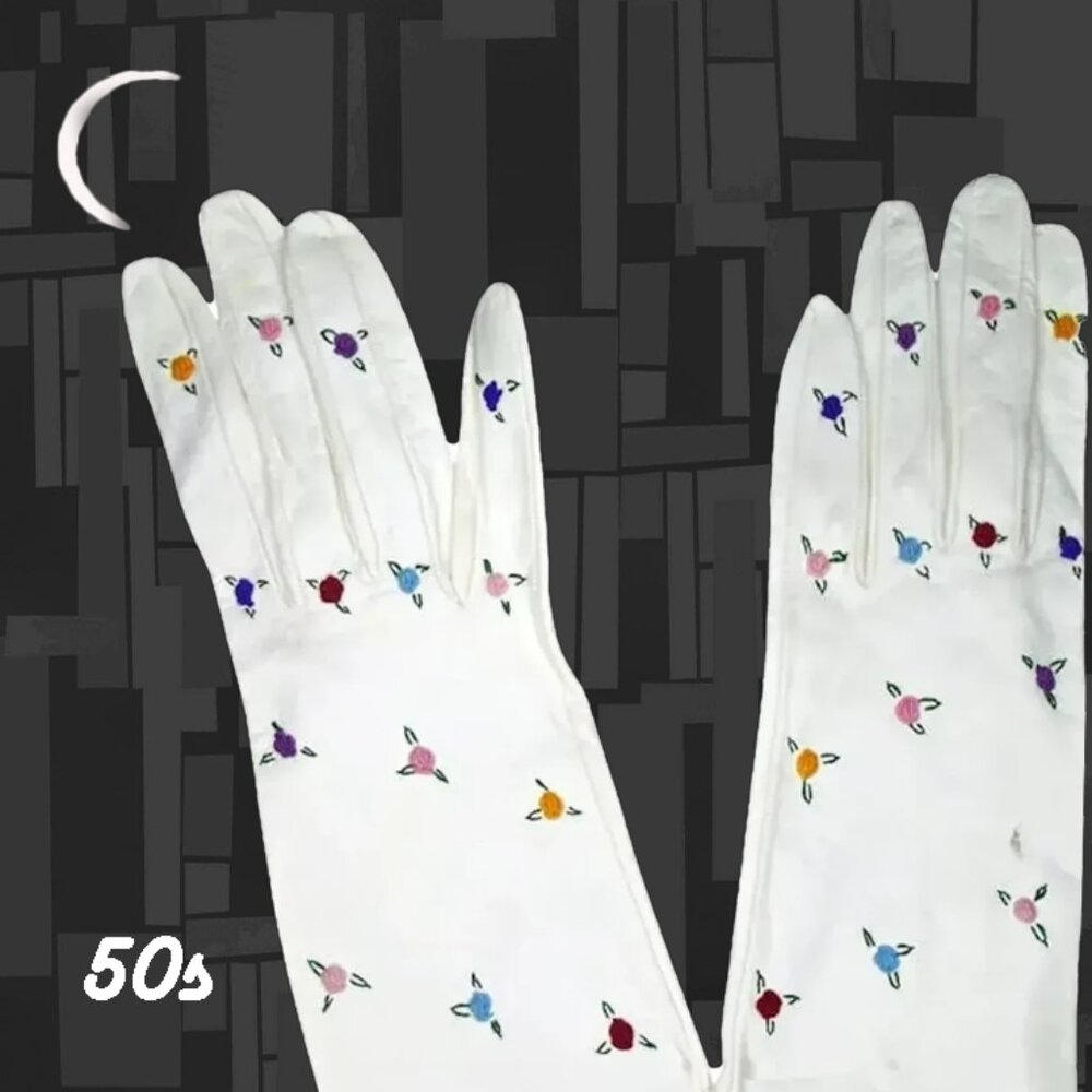 Vintage White Kid Leather Gloves, Multicolor Floral Embroidery - 50s 1950s